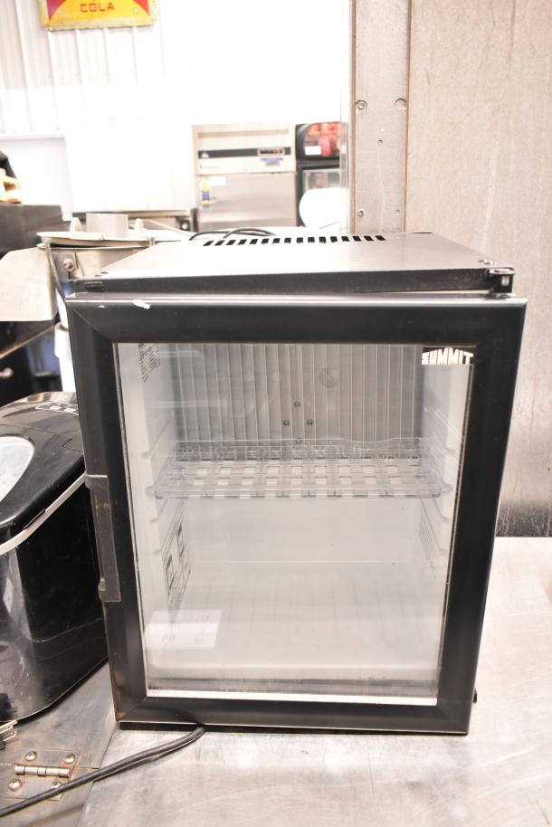 Summit MBH32GL Mini Cooler Merchandiser; black, glass door, single shelf, 115 volts, 1 phase, minor exterior wear.