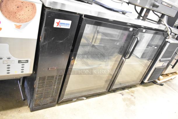 Omcan UBB-24-60G commercial 2-door back bar cooler with glass doors, visible Omcan label, 115V, 1 phase.
