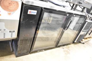 Omcan UBB-24-60G commercial 2-door back bar cooler with glass doors, visible Omcan label, 115V, 1 phase.
