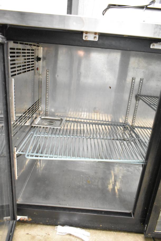 Omcan UBB-24-60G Commercial 2 Door Back Bar Cooler, glass door, shelves visible, 115V, 1 Phase, stainless steel interior.