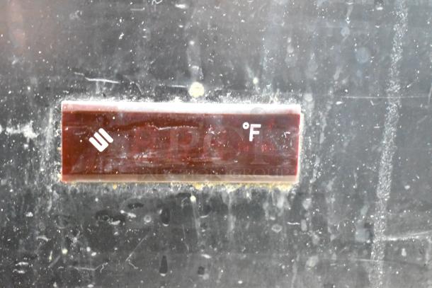 Omcan UBB-24-60G cooler close-up, showing the temperature gauge. Slight wear visible. 115V, 1 Phase.