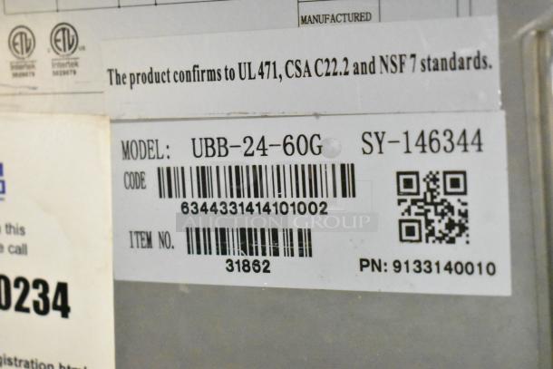 Omcan UBB-24-60G label showing compliance with UL, CSA, and NSF standards. Model: UBB-24-60G, SY-146344.