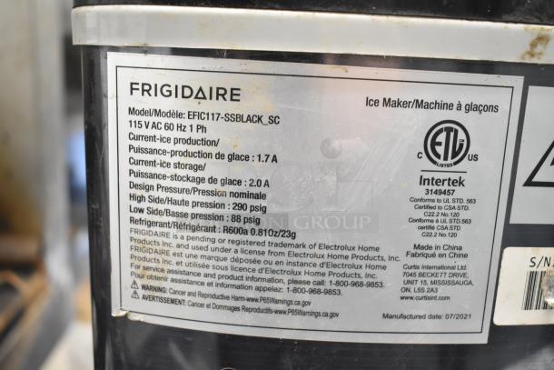 Frigidaire EFIC117-SSBLACK countertop ice machine label, 115V, 1 phase. Shows model details, certification, and refrigerant info.