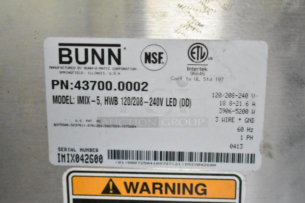 Bunn IMIX-5 Cappuccino Machine label, 120-208/240V, 1 Phase, showing model, serial number, and certifications.