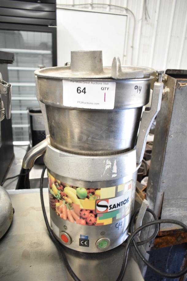 Santos Commercial Countertop Juicer, 115 Volts, 1 Phase, stainless steel, colorful fruit design, model name visible.