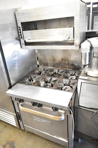 Southbend P32A-BBB 6 burner range with convection oven, salamander cheese melter, and backsplash; used condition.