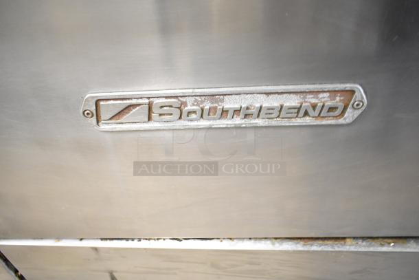 Southbend P32A-BBB gas range with 6 burners, convection oven, and salamander. Features Southbend logo plate.