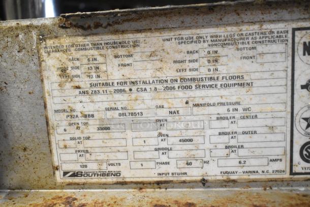 Southbend P32A-BBB label with model, serial number, gas type, manifold pressure, and other specifications visible.