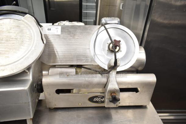 Globe 500 commercial meat slicer, missing carriage, with blade sharpener. 115V, 1 Phase. Stainless finish, visible wear.