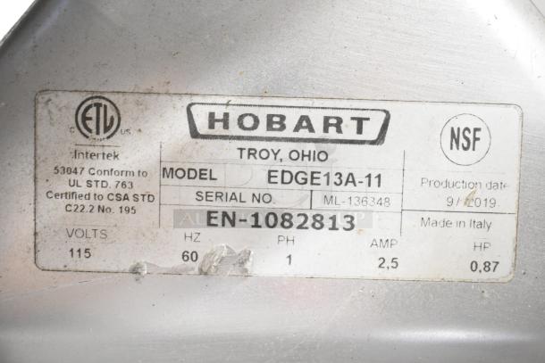 2019 Hobart Edge13A-11 commercial meat slicer label, 115V, 1 phase, missing carriage and arm, with blade sharpener.