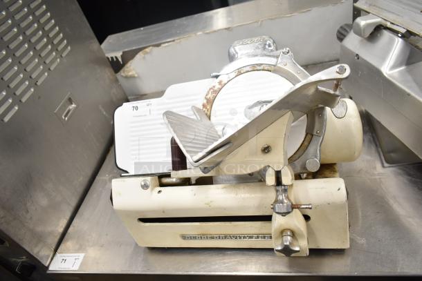 Globe 260 Commercial Countertop Meat Slicer with Blade Sharpener, 115 Volts, 1 Phase, visible wear, model label intact.