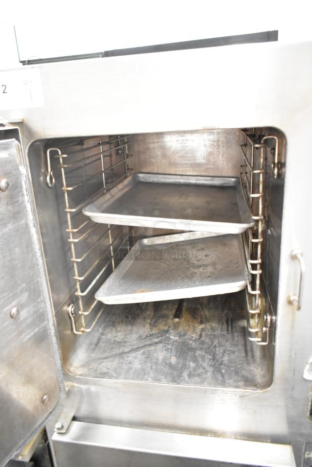 Cleveland Gemini Commercial 2 Deck Steam Cabinet, stainless steel interior, featuring two adjustable racks.