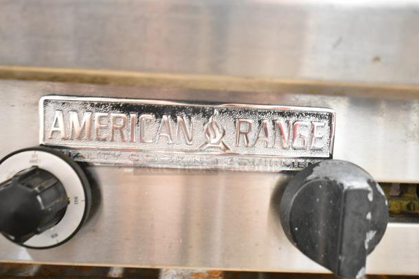 American Range Commercial 6 Burner Gas Countertop Range, stainless steel, visible brand logo, control dials shown.