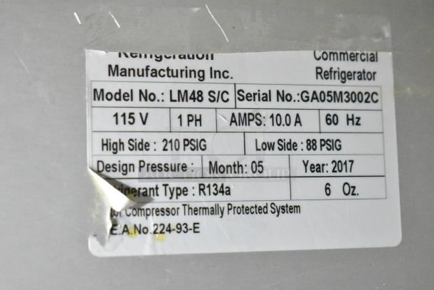 2017 Leader LM48S/C, 2 Door Work Top Cooler, 115V, 1 Phase. Serial GA05M3002C, uses R134a refrigerant. In commercial condition.