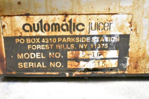 Automatic S-16 Commercial Citrus Juicer label with PO Box info, model number S-16, serial 6515. Condition shows wear.