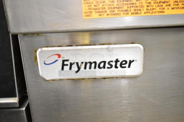Frymaster GPCSC gas-powered deep fat fryer, 80,000 BTU, stainless steel, commercial use, features logo and warning label.
