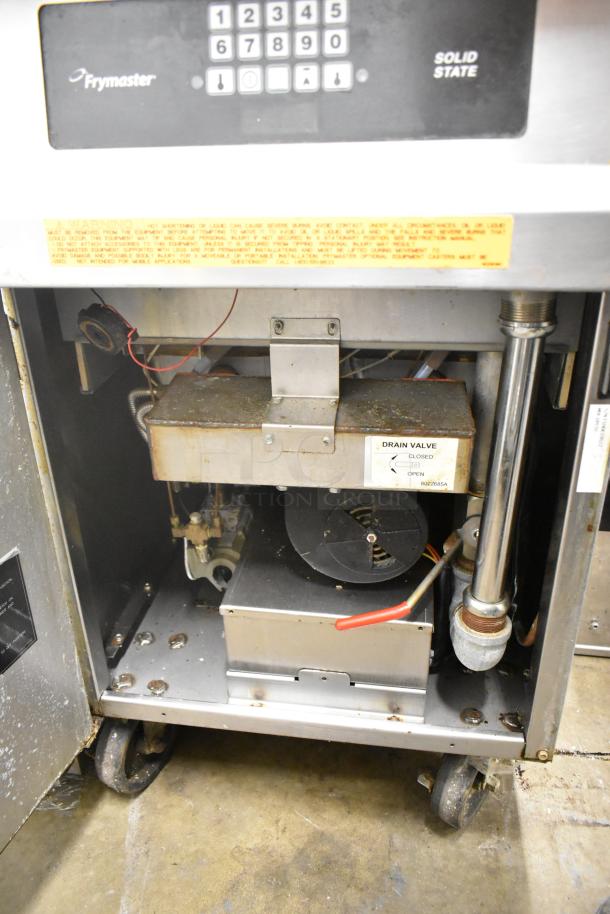 Frymaster GPCSC commercial deep fat fryer, 80,000 BTU, natural gas, floor style, visible control panel, and drain valve.