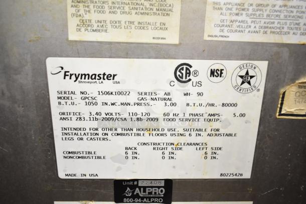 Frymaster GPCSC 80,000 BTU commercial gas fryer, model plate with serial 1506K10022, CSA and NSF certified.