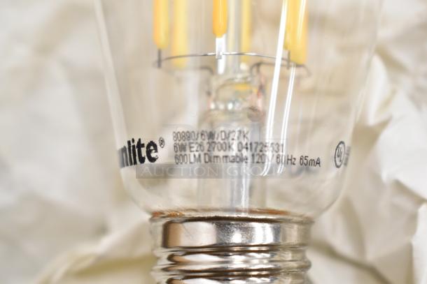 Euriol 6W dimmable lightbulb, 600LM, E26 base, 2700K, item code 80890, clear glass.