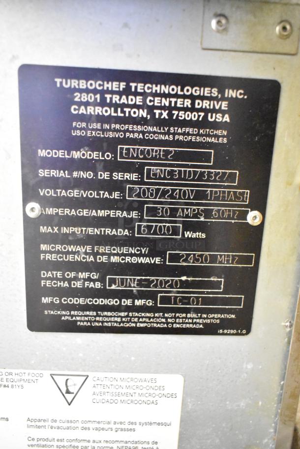 2020 Turbochef Encore 2 commercial oven label, model and serial details, 208/240V, 1 phase, 30 amps, 6700 watts, June 2020.