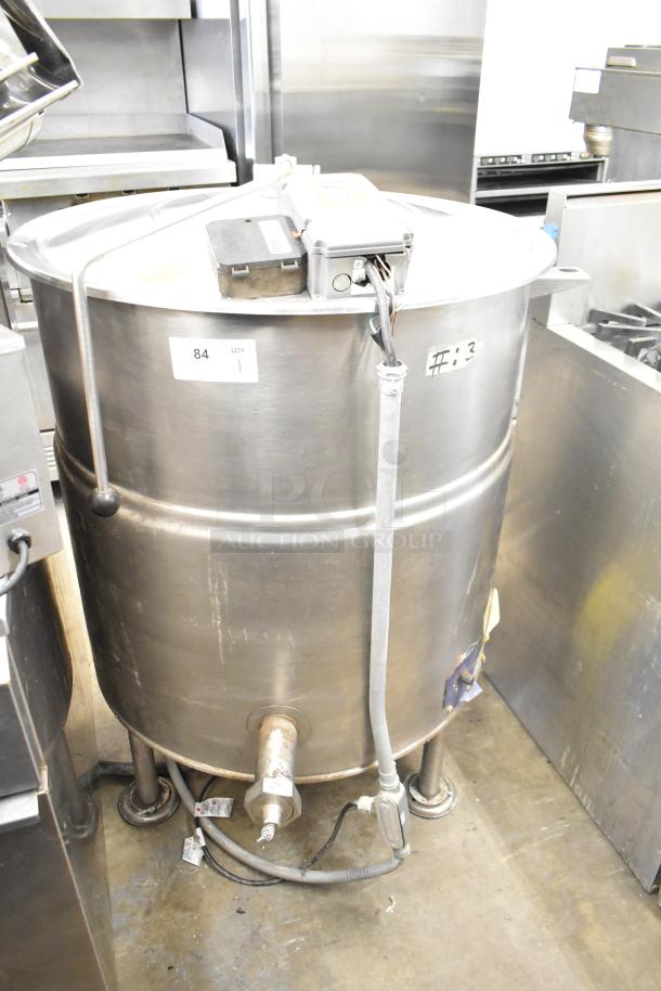 Cleveland Commercial Floor Steam Kettle, stainless steel, 220-240 volts, sturdy condition, labeled with control box and spout.