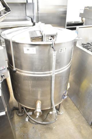 Cleveland Commercial Floor Steam Kettle, stainless steel, 220-240 volts, sturdy condition, labeled with control box and spout.