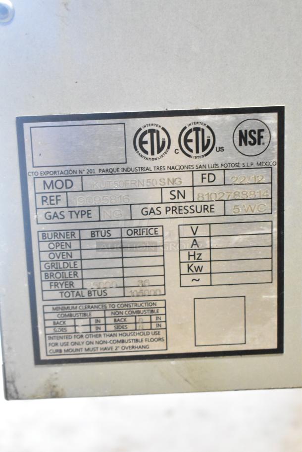 2022 Kutano KUT50FRN50SNG commercial fryer label, showing model, gas type, and compliance markings.