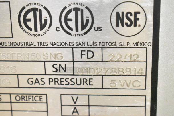 2022 Kutano KUT50FRN50SNG fryer label, shows ETL and NSF certifications, model, and serial number 8102788814.