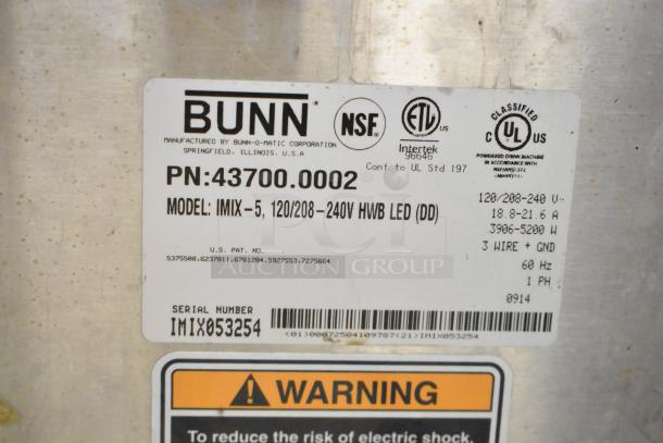 Bunn IMIX-5 countertop cappuccino machine label. Model IMIX-5, 120/208-240V, serial number IMIX053254, UL certified.