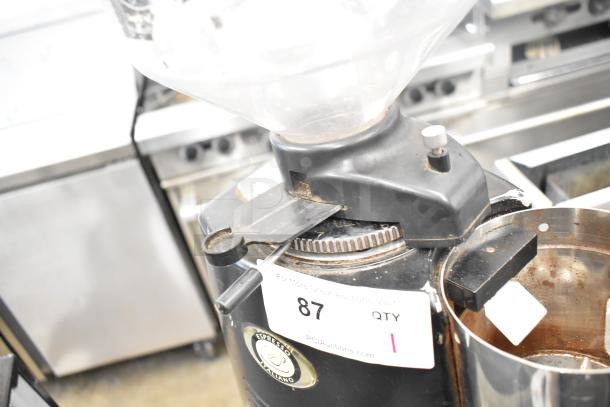 Mazzer Luigi ROBUR espresso grinder, 115 volts, 1 phase. Features include adjustable settings and durable build. Visible wear.