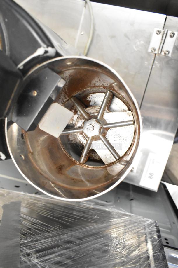 Mazzer Luigi ROBUR espresso bean grinder, stainless interior, well-used, model ROBUR, 115V, visible wear.