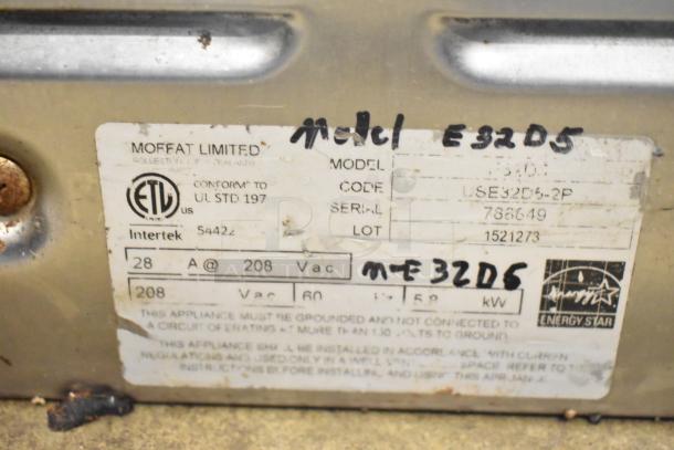Moffat Turbofan E32D5 convection oven label, showing model, code LSE32D6-2P, serial 786649. ETL listed, 208V, Energy Star certified.