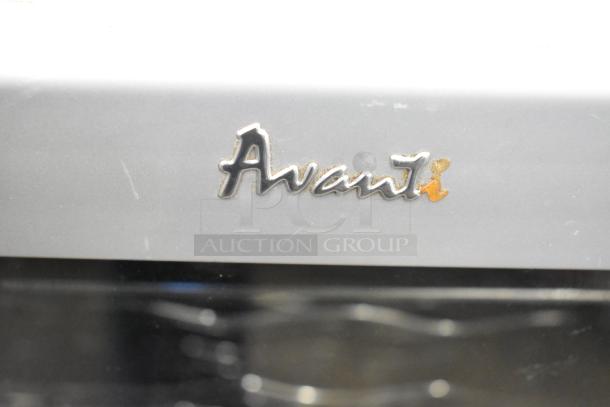 Avanti WC3200BG Mini Cooler Merchandiser with logo detail, 115 volts, 1 phase, metallic finish, slight rust visible.