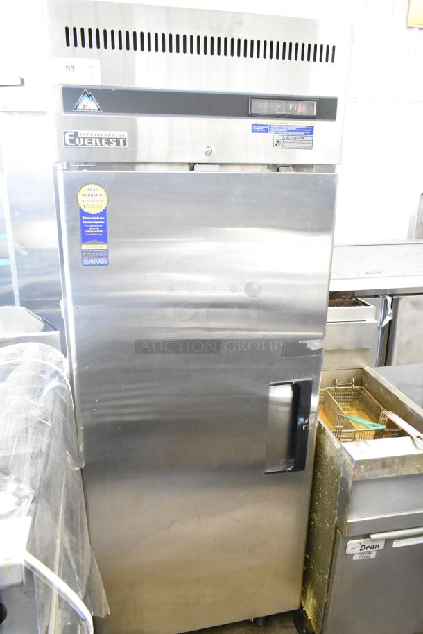 Everest ESF1 commercial single door reach-in freezer, stainless steel, 115 volts, 1 phase, warranty label visible.