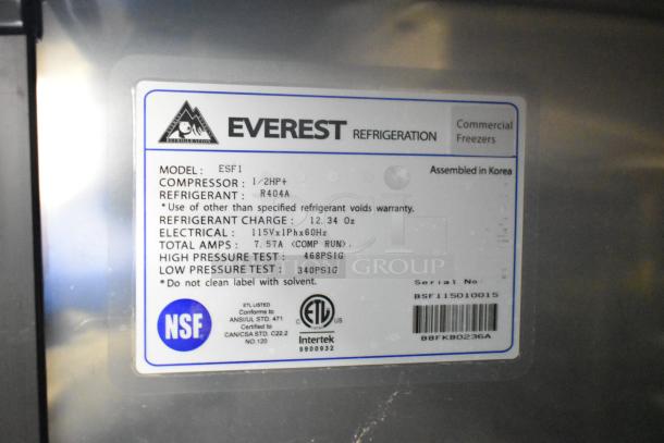 Everest ESF1 commercial freezer label showing model, compressor specs, refrigerant type R404A, electrical details, and certifications.