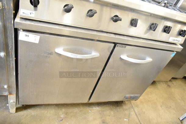 Ikon IUC48R Commercial 2 Door Undercounter Cooler, stainless steel, 115 volts, 1 phase, features dual handles and label.