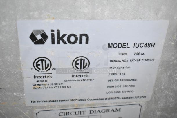 Ikon IUC48R Commercial 2 Door Undercounter Cooler, model label, 115V, 1 Phase, ETL listed, serial IUC48R 21188978.
