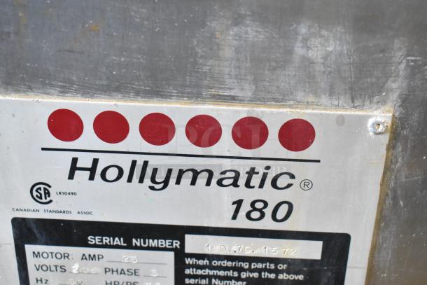 Hollymatic 180 Commercial Meat Mixer Grinder label, showing model, CSA certification, and serial number details.