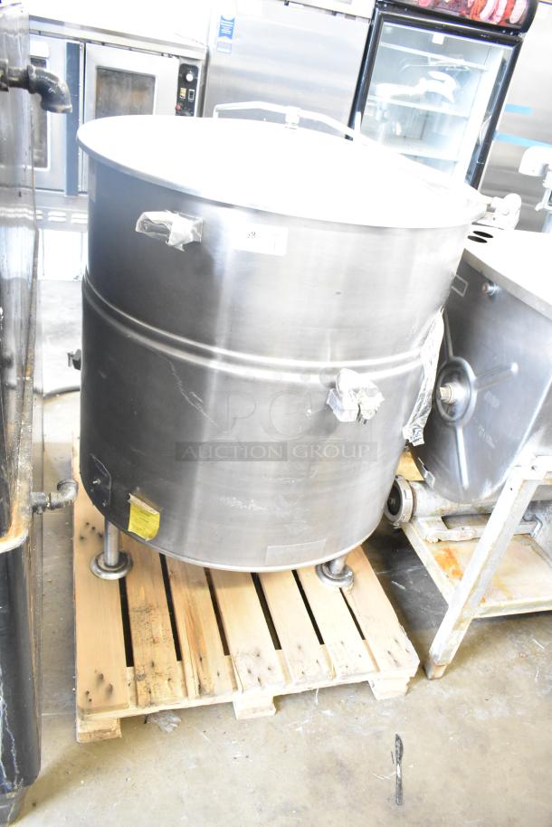 Cleveland KEL-100 commercial 100-gallon steam jacketed electric kettle, floor style, stainless steel, 208/240 volts, on pallet.
