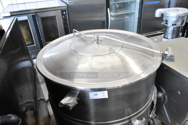 Cleveland KEL-100 100 Gallon Steam Jacketed Electric Kettle, stainless steel, stationary, good condition, 208/240V.