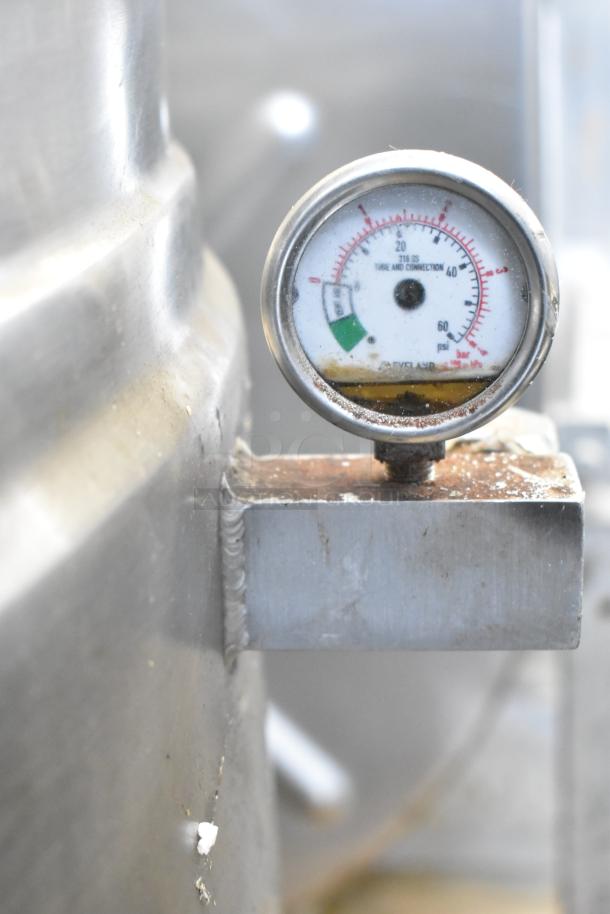 Cleveland KEL-100 kettle close-up showing pressure gauge. Used condition, 100-gallon capacity, 208/240 volts.