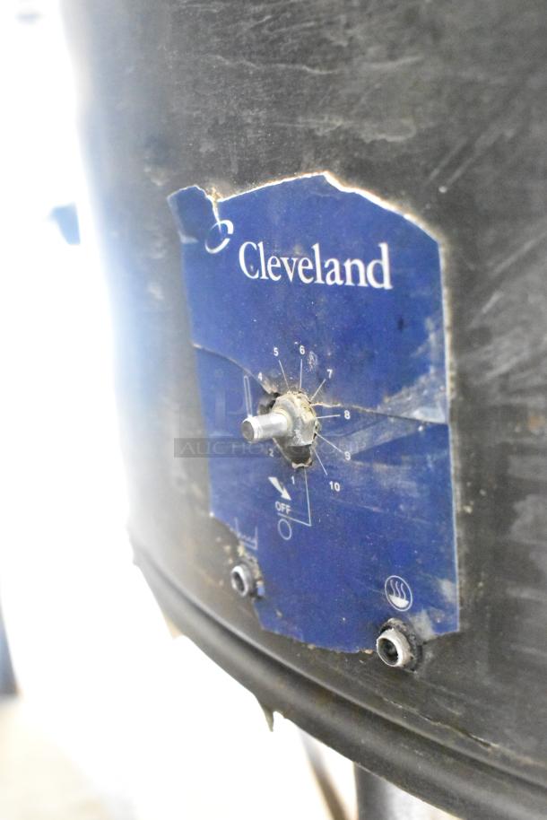 Cleveland KEL-100 100-gallon steam jacketed kettle, visible control dial, wear on label, 208/240 volts.