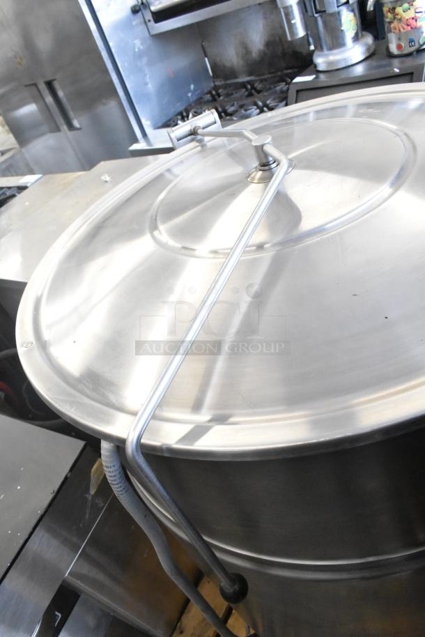 Cleveland KEL-100 100 Gallon Electric Kettle, stainless steel, features a 2/3 steam jacket, excellent condition.