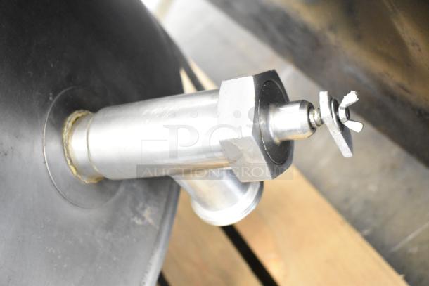 Cleveland KEL-100 100 Gallon Stationary Steam Jacketed Electric Kettle spout detail, stainless steel, 208/240V.