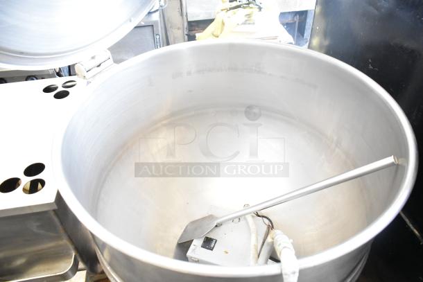 Cleveland KEL-100 100-gallon steam jacketed electric kettle, stainless steel, good condition, 208/240 volts, commercial use.