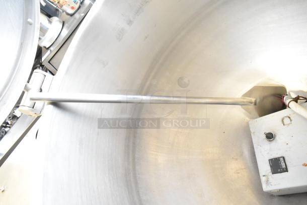 Cleveland KEL-100 100-Gallon Electric Kettle, stainless steel interior, visible control panel, used condition, 208/240V.