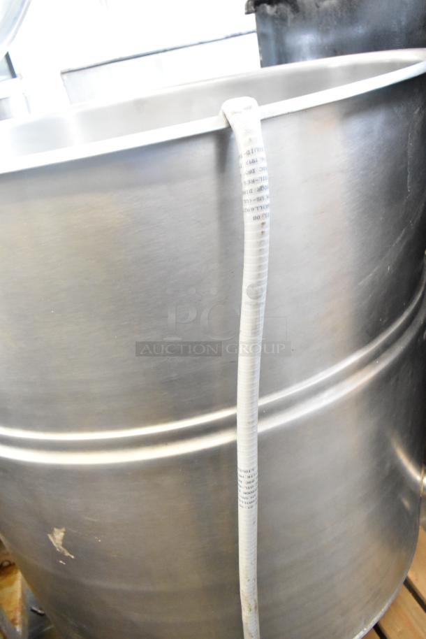 Cleveland KEL-100 100-gallon steam jacketed electric kettle. Stainless steel, 208/240 volts, commercial use.