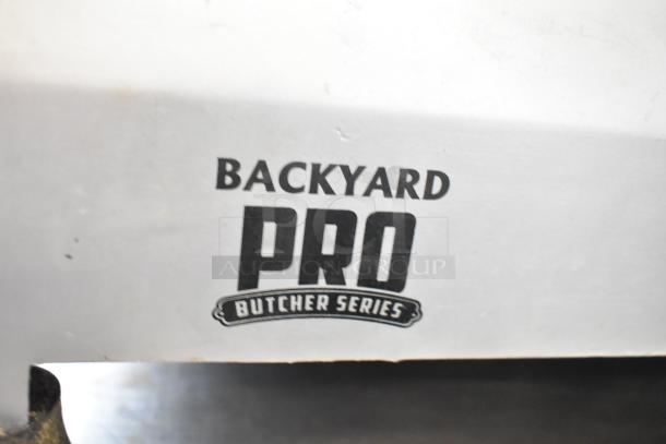 2024 Backyard Pro 551SL112E meat slicer, countertop model, branding visible, 115 Volts, 1 Phase.