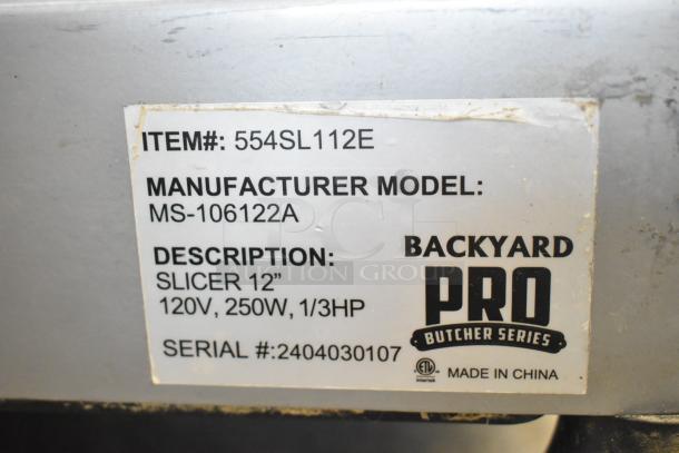 2024 Backyard Pro 551SL112E meat slicer, 115V, 1 Phase. Label shows model MS-106122A, 12-inch blade, 250W, 1/3HP.