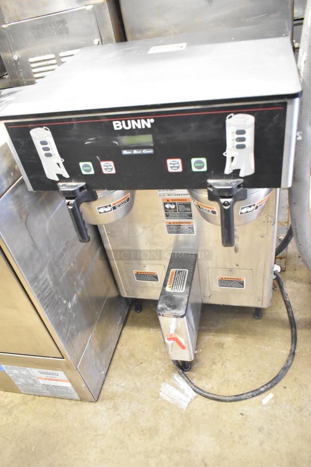 2018 Bunn DUAL TF DBC commercial coffee machine, double dispenser, 120/240V, good condition, warning labels visible.
